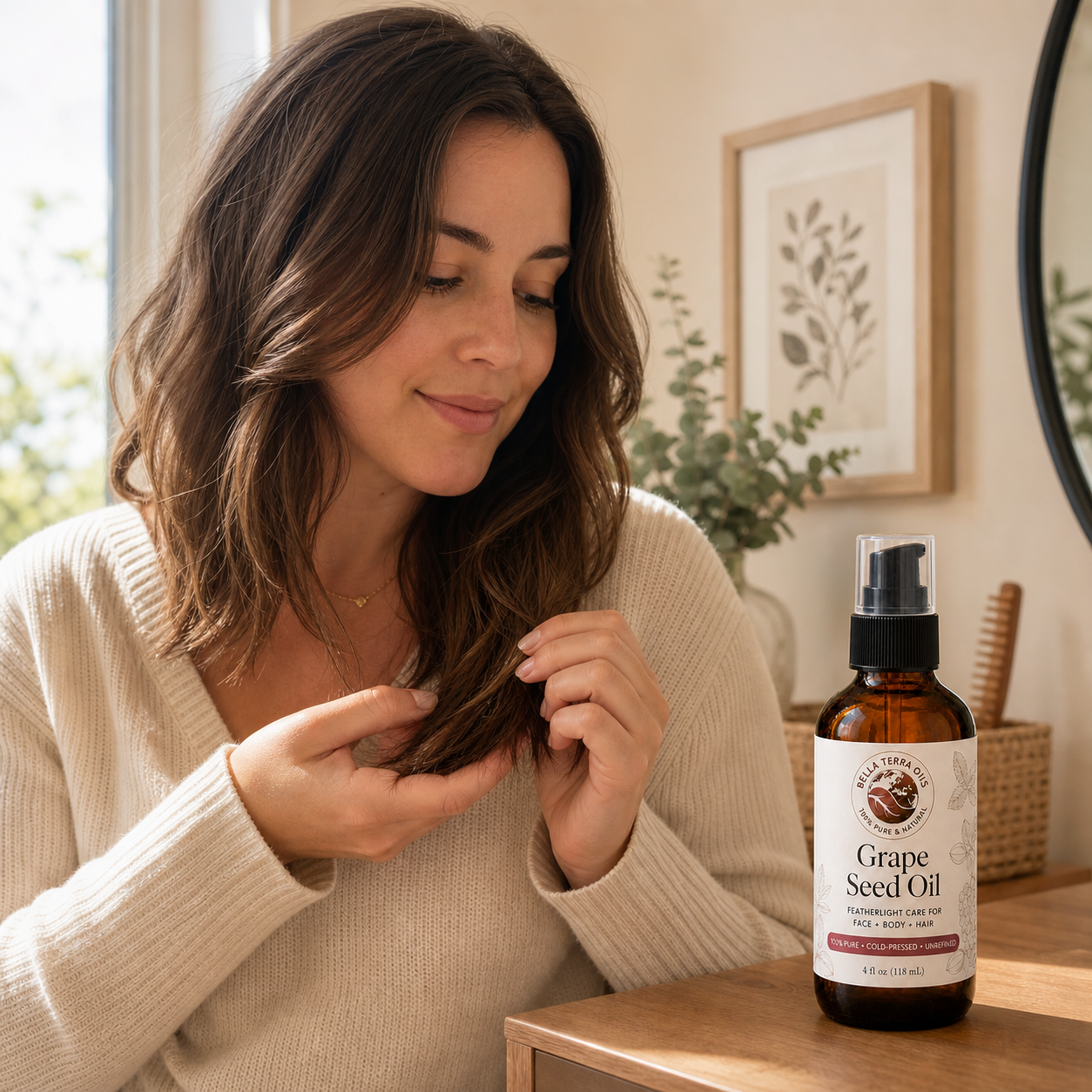 Grape Seed Oil touched onto dry-looking hair ends