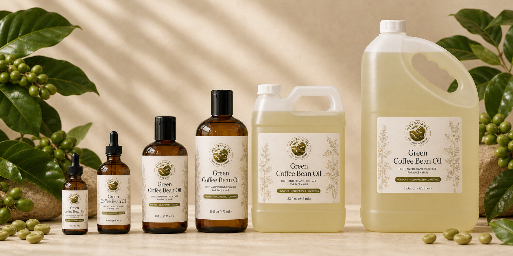 Bella Terra Oils family of 2, 4, 8, 16, 32, and 128 ounce oil containers