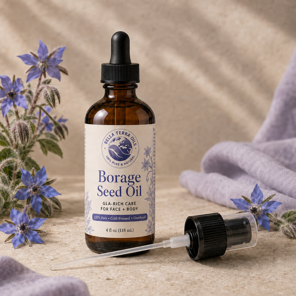 Bella Terra Borage Seed Oil 4 ounce bottle with its dropper installed and included capped pump beside it