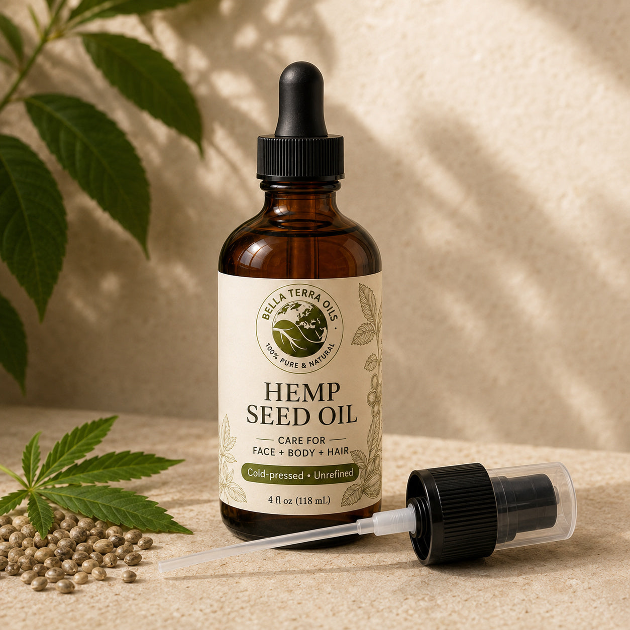Bella Terra Hemp Seed Oil bottle, included pump, and botanical ingredients in a natural setting