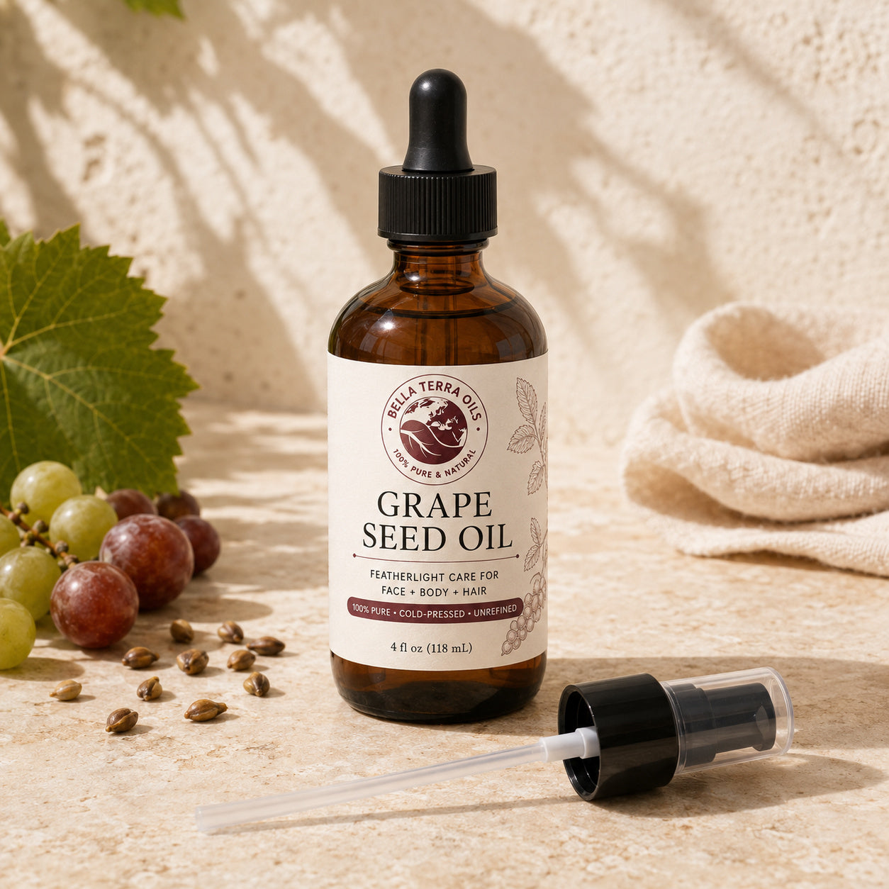 Bella Terra Grape Seed Oil 4 ounce bottle with its dropper installed and included capped pump beside it