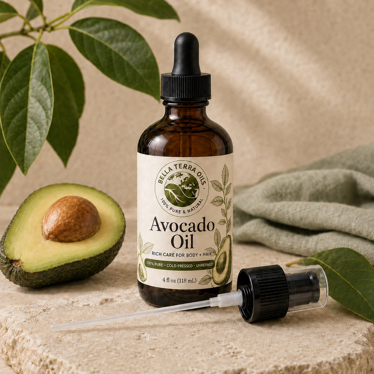 Bella Terra Avocado Oil 4 ounce bottle with its dropper installed and included capped pump beside it