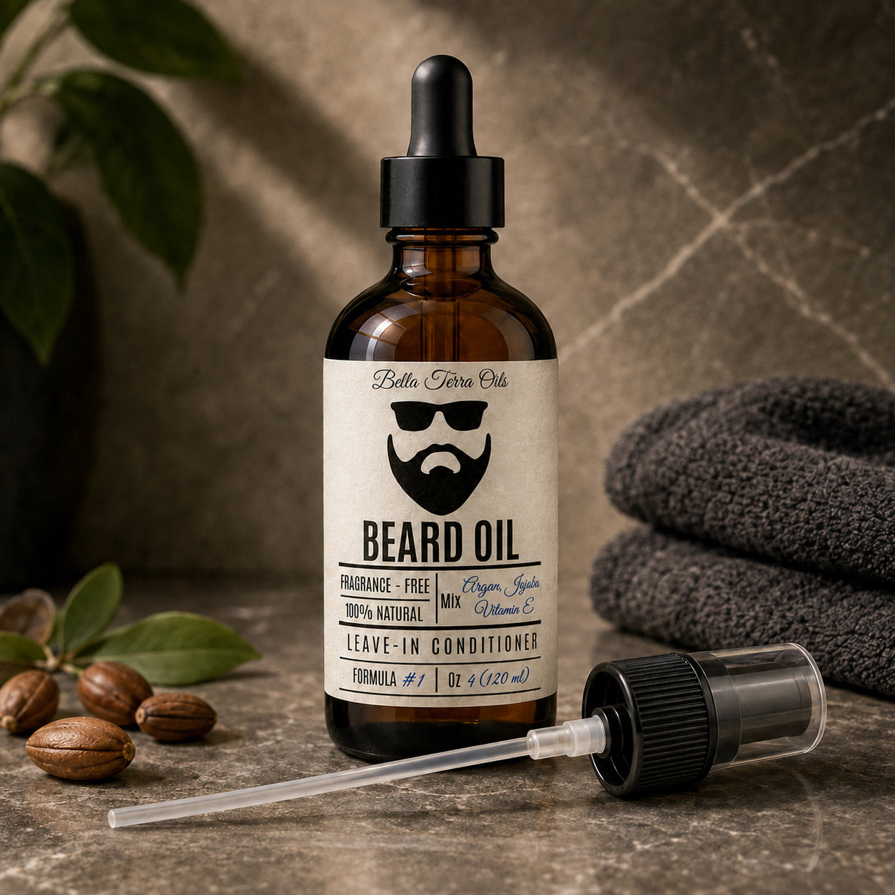 Bella Terra Beard Oil 4 ounce bottle with its dropper installed and included capped pump beside it