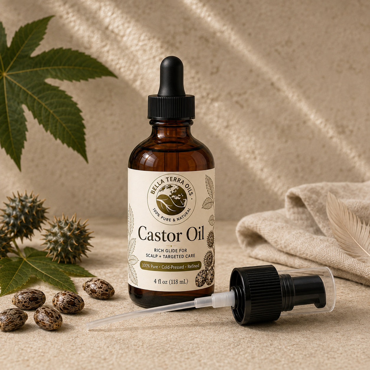 Bella Terra Castor Oil 4 ounce bottle with its dropper installed and included capped pump beside it